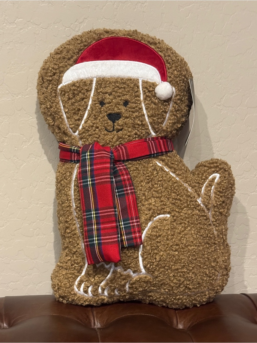 Holiday Plush Dog Pillow with Red Plaid Scarf